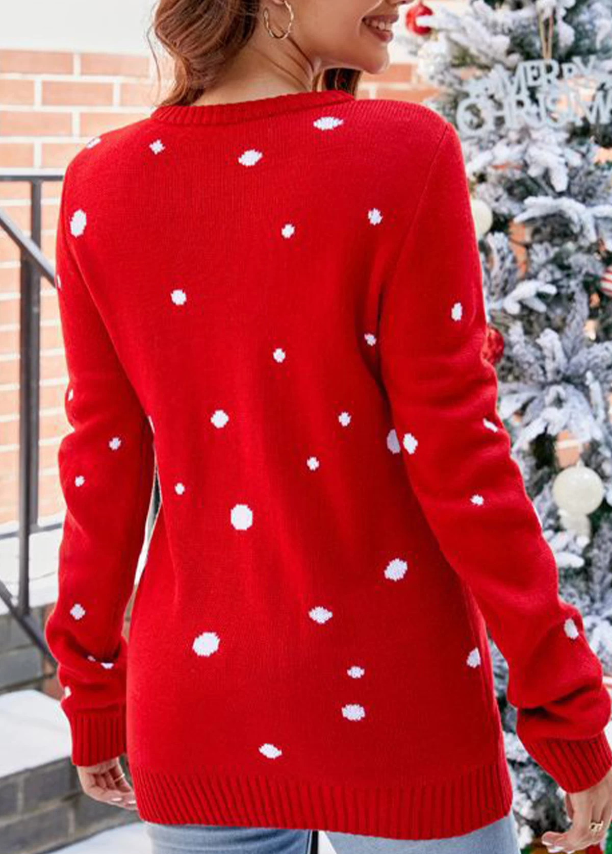 Red Santa Claus Print Christmas Round Neck Sweater - Image 2