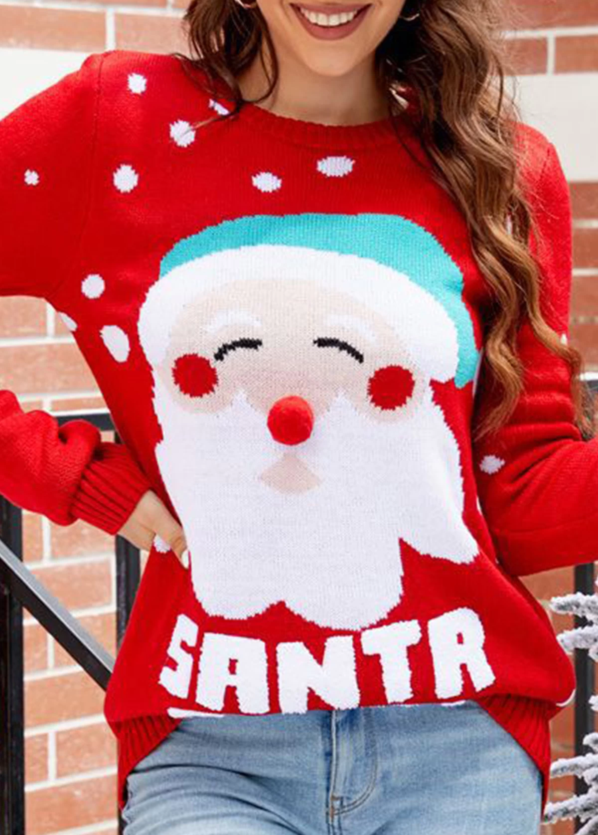 Red Santa Claus Print Christmas Round Neck Sweater - Image 5