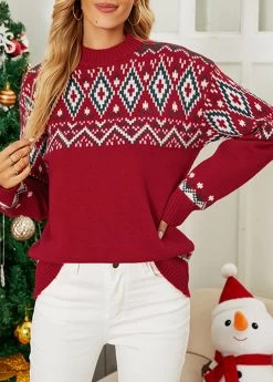 Wine Red Geometric Print Long Sleeve Stand Collar Sweater