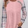 Pink Patchwork Plaid Long Sleeve Round Neck Sweatshirt